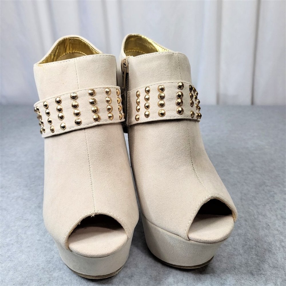 * Mona Mia Nude With Gold Studs Faux Leather Wedge Booty - Picture 10 of 15